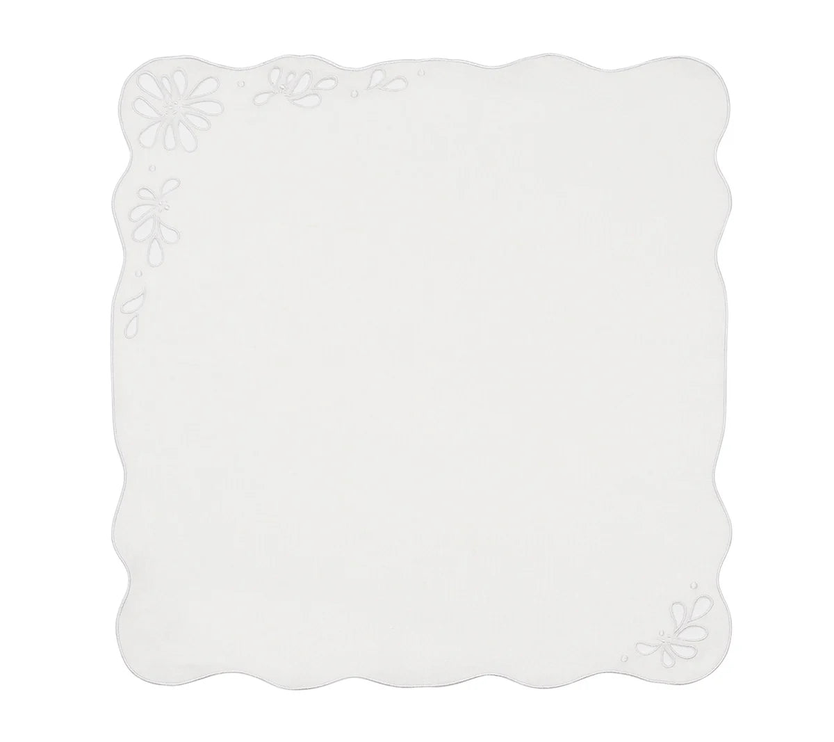 The Bloom White Napkin Set by Kim Seybert features square white linen napkins with scalloped edges, subtle floral patterns in two corners, and delicate eyelet embroidery for a touch of vintage charm.