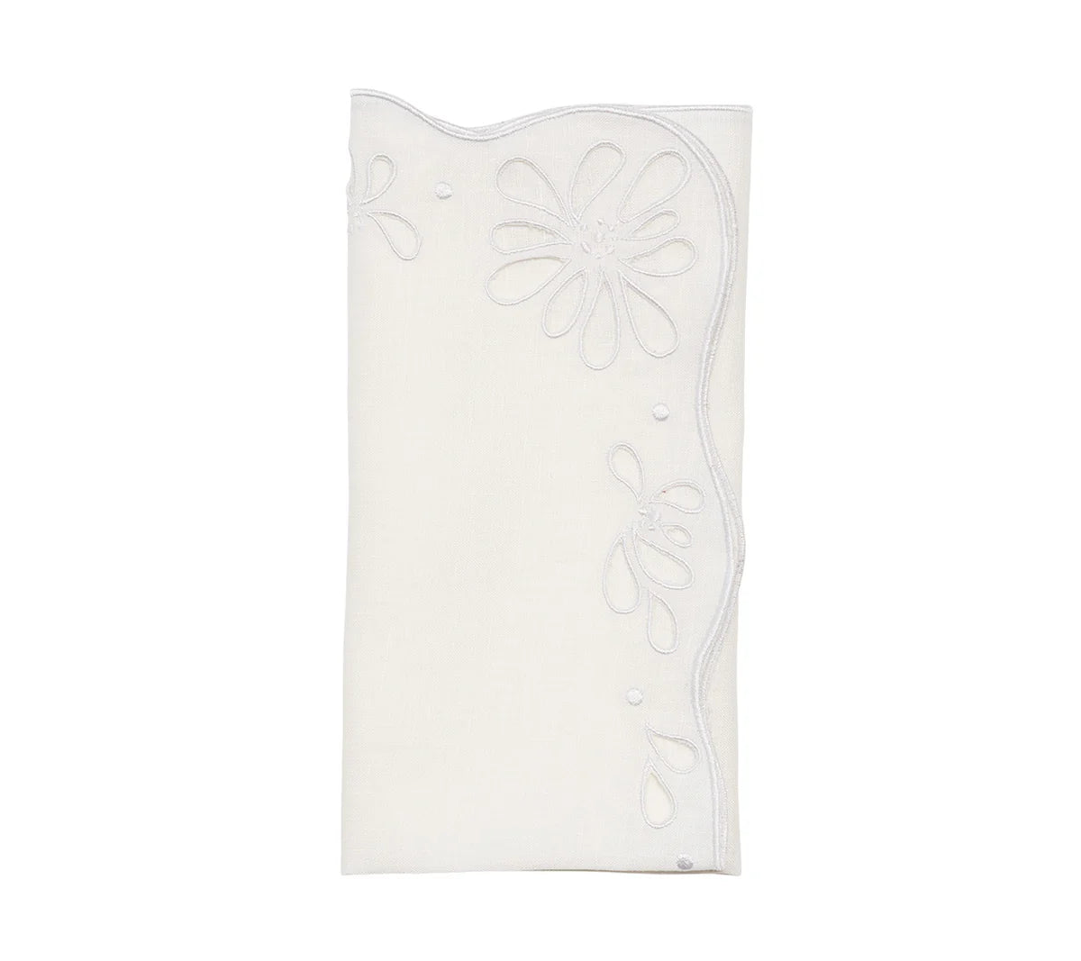The Bloom White Napkin Set by Kim Seybert features folded white linen napkins with scalloped edges and floral eyelet embroidery, bringing vintage charm to any table setting.