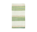 The Green and White Broad Stripe Collection by Kim Seybert features a folded rectangular cloth with bold green and white stripes, perfect for creating a relaxed coastal table setting.