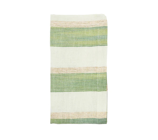 The Green and White Broad Stripe Collection by Kim Seybert features a folded rectangular cloth with bold green and white stripes, perfect for creating a relaxed coastal table setting.