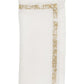 The Kim Seybert Impression Napkin Set features white linen napkins with a decorative gold embroidered border, folded neatly.