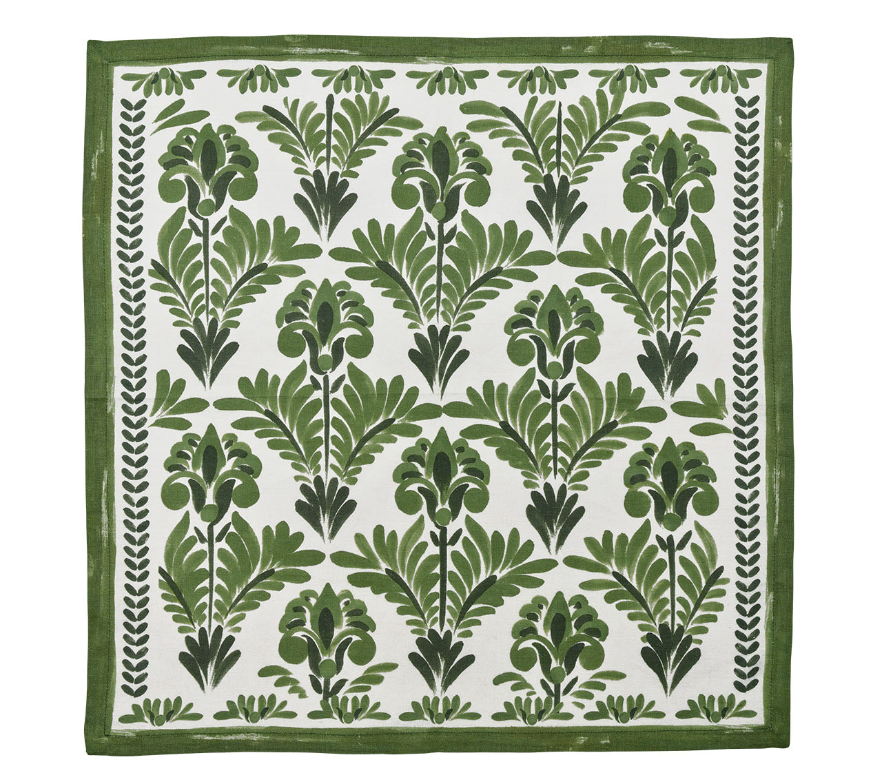 The Kim Seybert Botanica Napkin Set features square linen napkins with a green botanical pattern and green border on white—perfect vintage-style floral accents for elegant table settings.