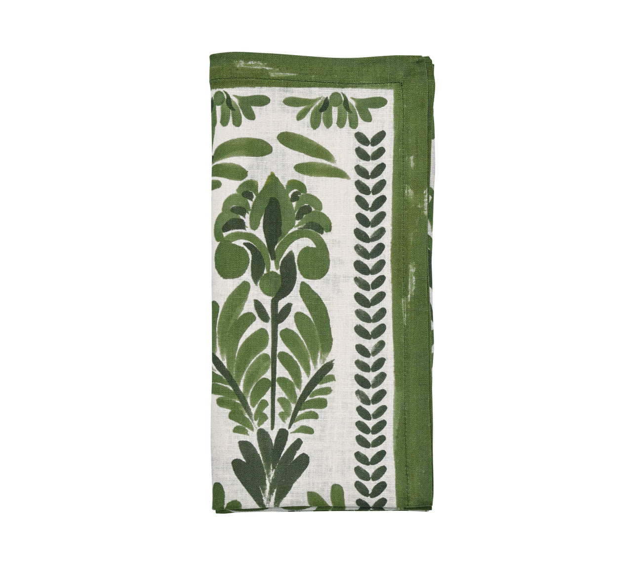 The Kim Seybert Botanica Napkin Set features folded white linen napkins with a green floral and leaf pattern and a solid green border—ideal for vintage-inspired table decor.