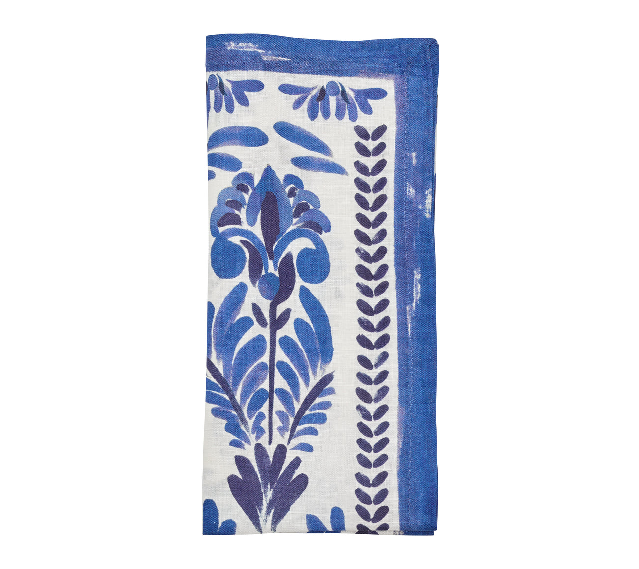 The Kim Seybert Botanica Napkin Set features blue and white floral-patterned napkins with blue borders, adding vintage charm to your table.