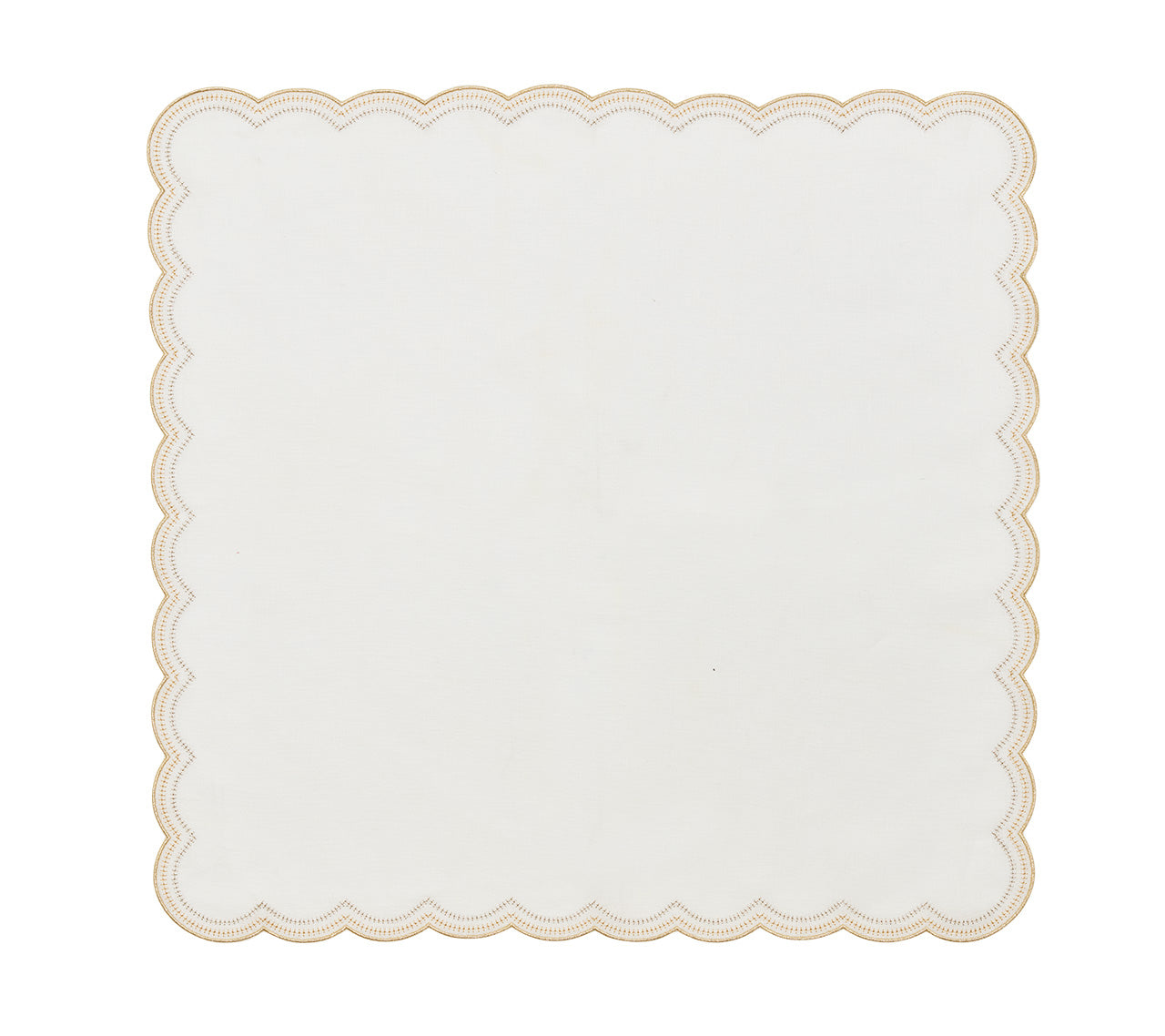 The Kim Seybert Lune Napkin Set features white napkins with scalloped edges and gold stitched borders, perfect for elevating any table setting.