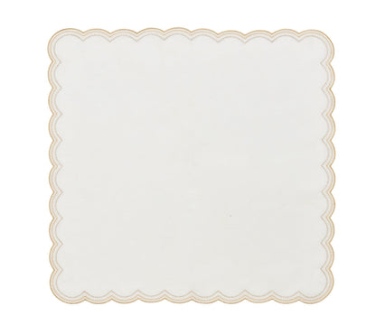 The Kim Seybert Lune Napkin Set features white napkins with scalloped edges and gold stitched borders, perfect for elevating any table setting.