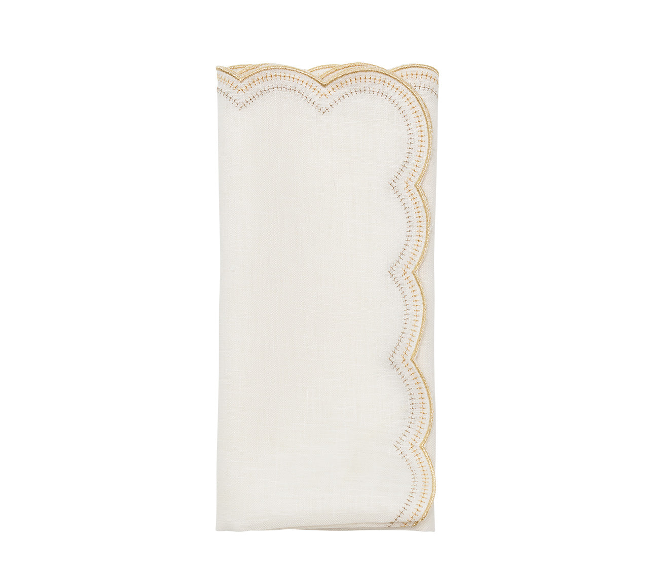The Lune Napkin Set by Kim Seybert features white embroidered napkins with scalloped edges and gold detailing, ideal for adding elegance to your table setting.