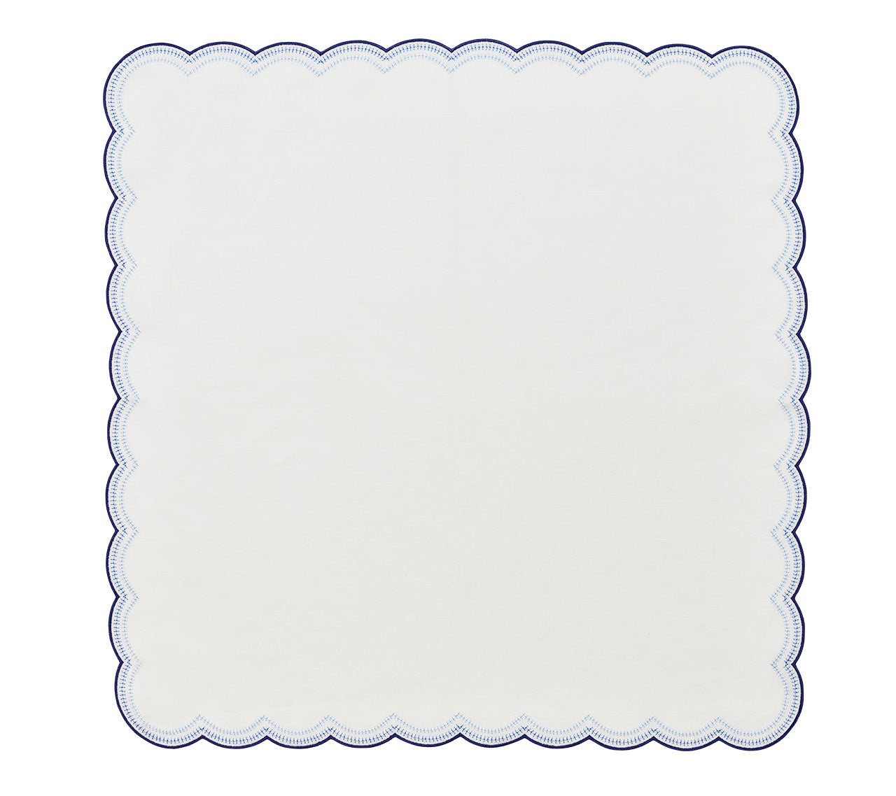 The Kim Seybert Lune Napkin Set features square white napkins with blue scalloped edges, adding a charming touch to any table setting.