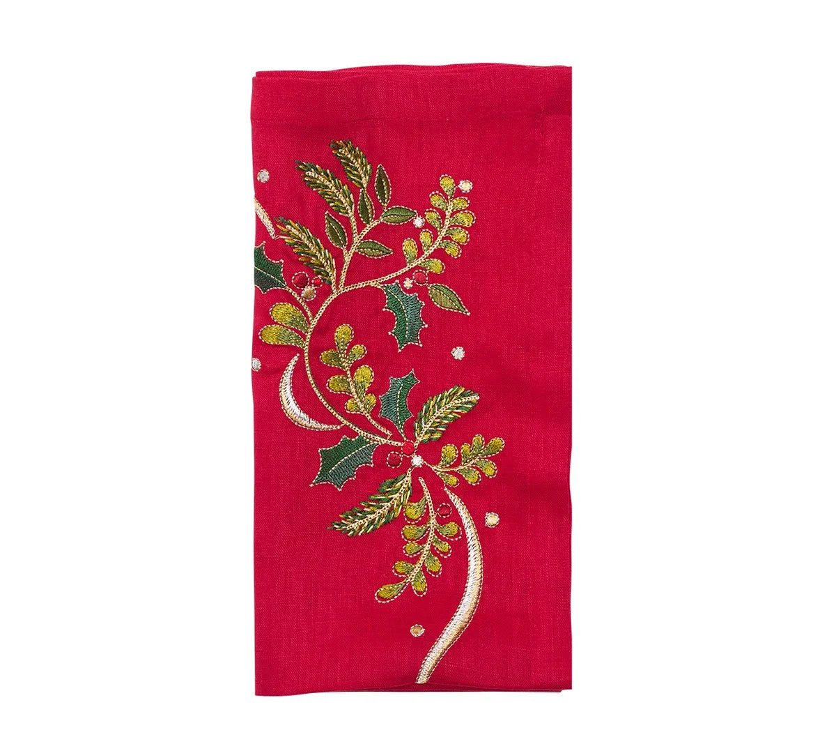 Kim Seybert Holly Ribbon Napkin in red linen, embroidered with a festive holly branch and ribbon design in green and gold.