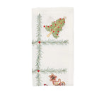 Kim Seybert Christmas Trellis Napkin in white linen with an embroidered green pine pattern featuring a Christmas tree, a gingerbread man, and a star.
