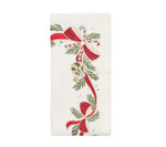 Kim Seybert Tinsel Bow Napkins feature white embroidery with holiday table decor including red bows, pine branches, a candy cane, and a bauble.