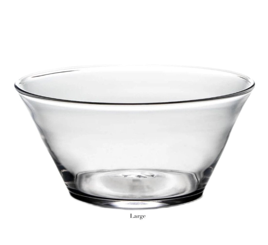 The Simon Pearce Nantucket Bowl Collection features a clear glass bowl with a wide opening and thick base—ideal as a table centerpiece or versatile serveware. "Large" is labeled underneath.