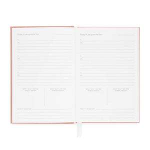 An open Flax Gratitude Journal by Sugar Paper displays two pages with prompts for gratitude, intentions, and daily actions, featuring lined sections for writing. This journal includes a daily check-in and is finished with a pink cover and white ribbon bookmark.