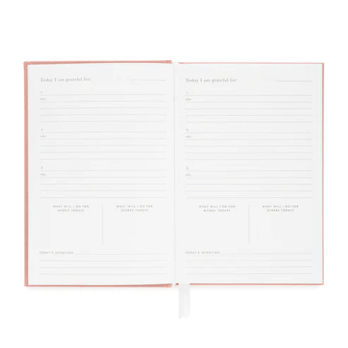 The Sugar Paper Gratitude Sage Journal displays two blank pages with daily prompts for check-ins, appreciation, intentions, and notes—includes lined sections and a ribbon bookmark.