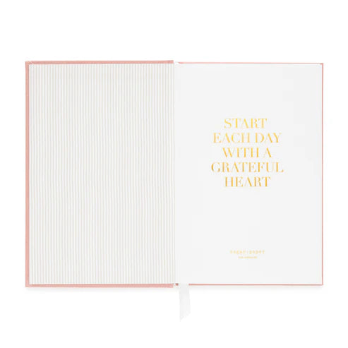 The Sugar Paper Gratitude Sage Journal features a striped left page and a right page with "START EACH DAY WITH A GRATEFUL HEART" in gold—perfect for your daily check-in and appreciation practice.