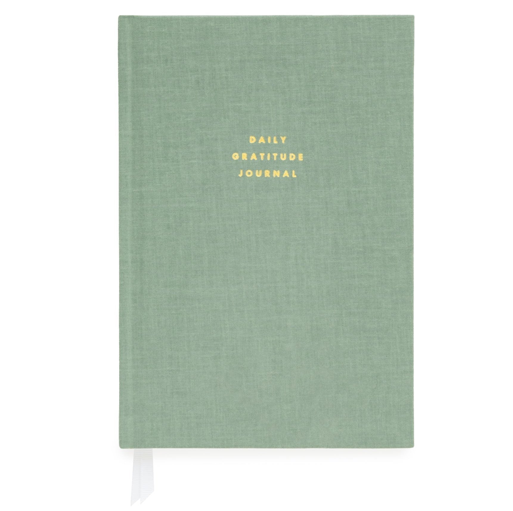 The Sugar Paper Gratitude Sage Journal is a green hardcover with "DAILY GRATITUDE JOURNAL" embossed in gold. Ideal for daily check-ins, it features a white ribbon bookmark for easy access.