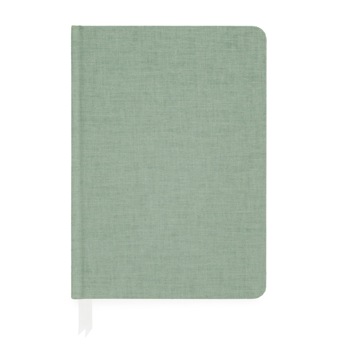 The Sage Tailored Journal by Sugar Paper is a closed, light green hardcover notebook with a fabric texture, featuring a white ribbon bookmark and lined pages for organized writing.