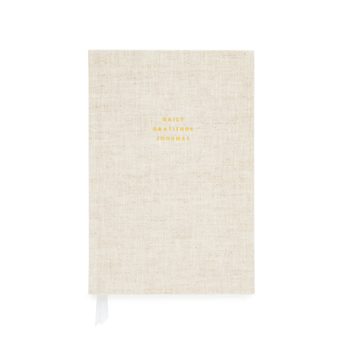 The Flax Gratitude Journal by Sugar Paper is a beige linen-covered journal with elegant gold “Daily Gratitude Journal” text, featuring thoughtful prompts and a white ribbon bookmark to guide your daily reflections.