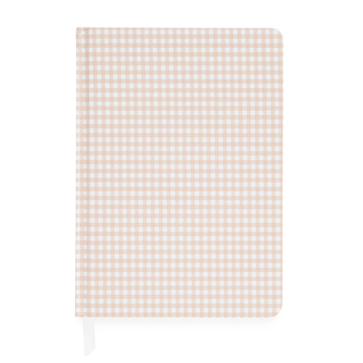 The Pink Gingham Tailored Journal by Sugar Paper features a charming beige and white gingham check cover. Shown closed with a white ribbon bookmark peeking out from the bottom left, this journal offers a durable book cloth hardcover and lined pages for organized note-taking.