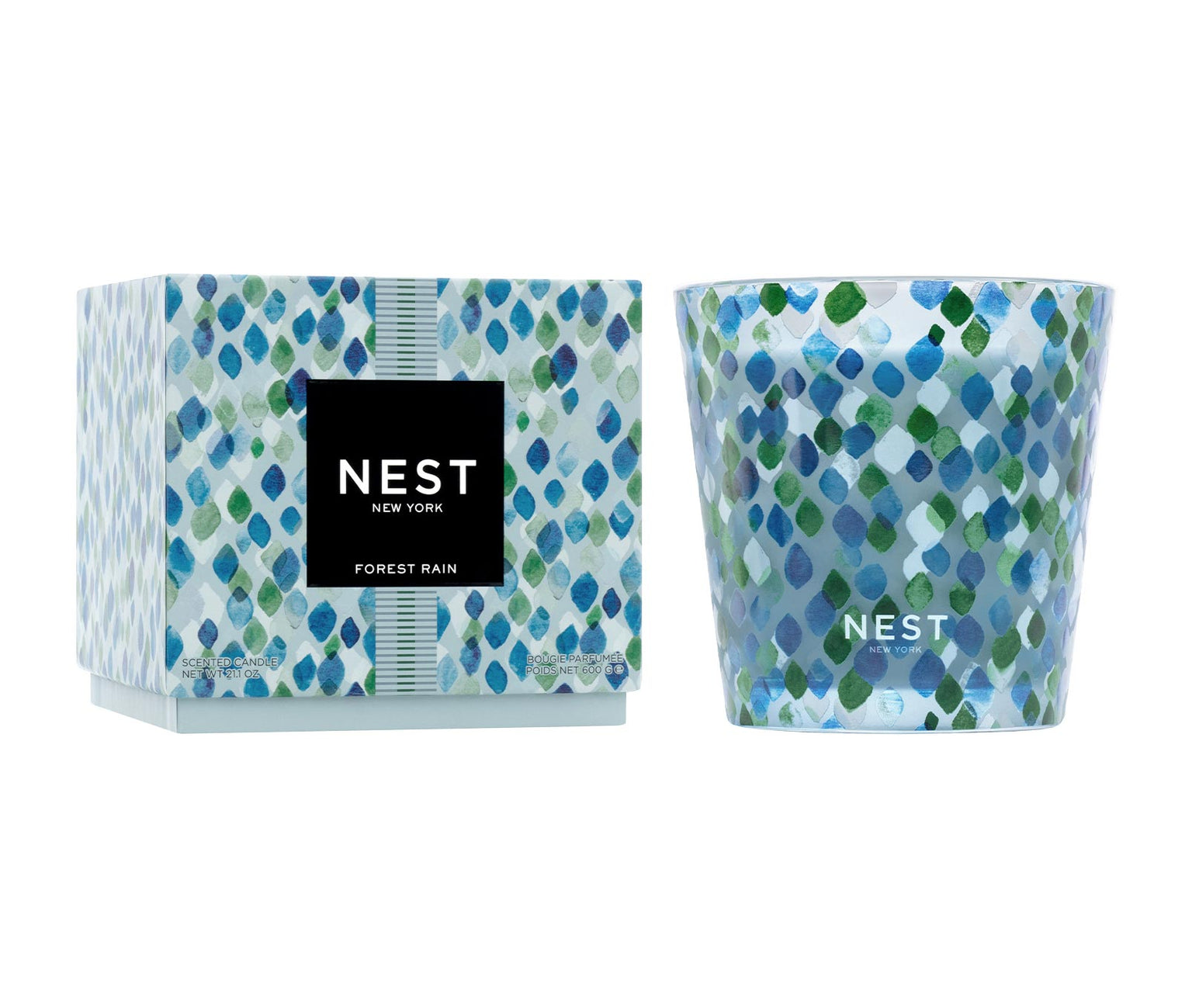 The Nest Forest Rain Scent Collection features a blue and green leaf pattern, evoking the freshness of fig leaves under an aquatic veil.