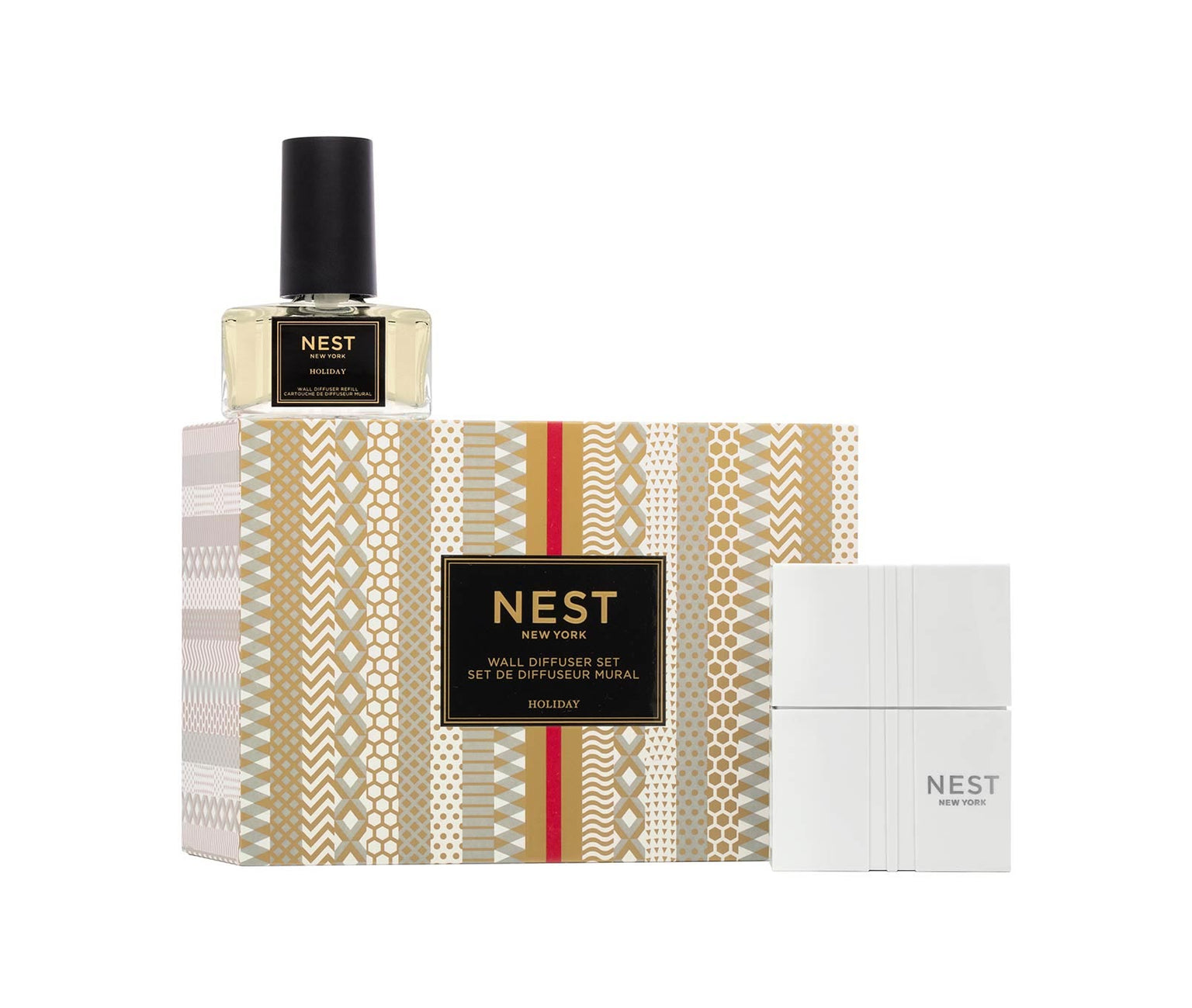 Experience the warmth of the Nest Holiday Collection with a festive fragrance bottle, sleek white diffuser, and decorative box—perfect for filling your space with the signature scent of Nest all season long.