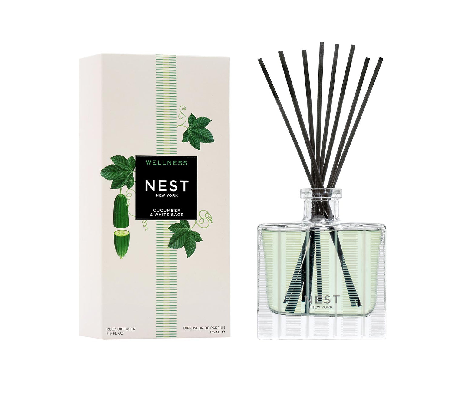 Nest's Cucumber & White Sage Scent Collection reed diffuser is shown with green illustrated packaging and a clear glass bottle with black reeds.