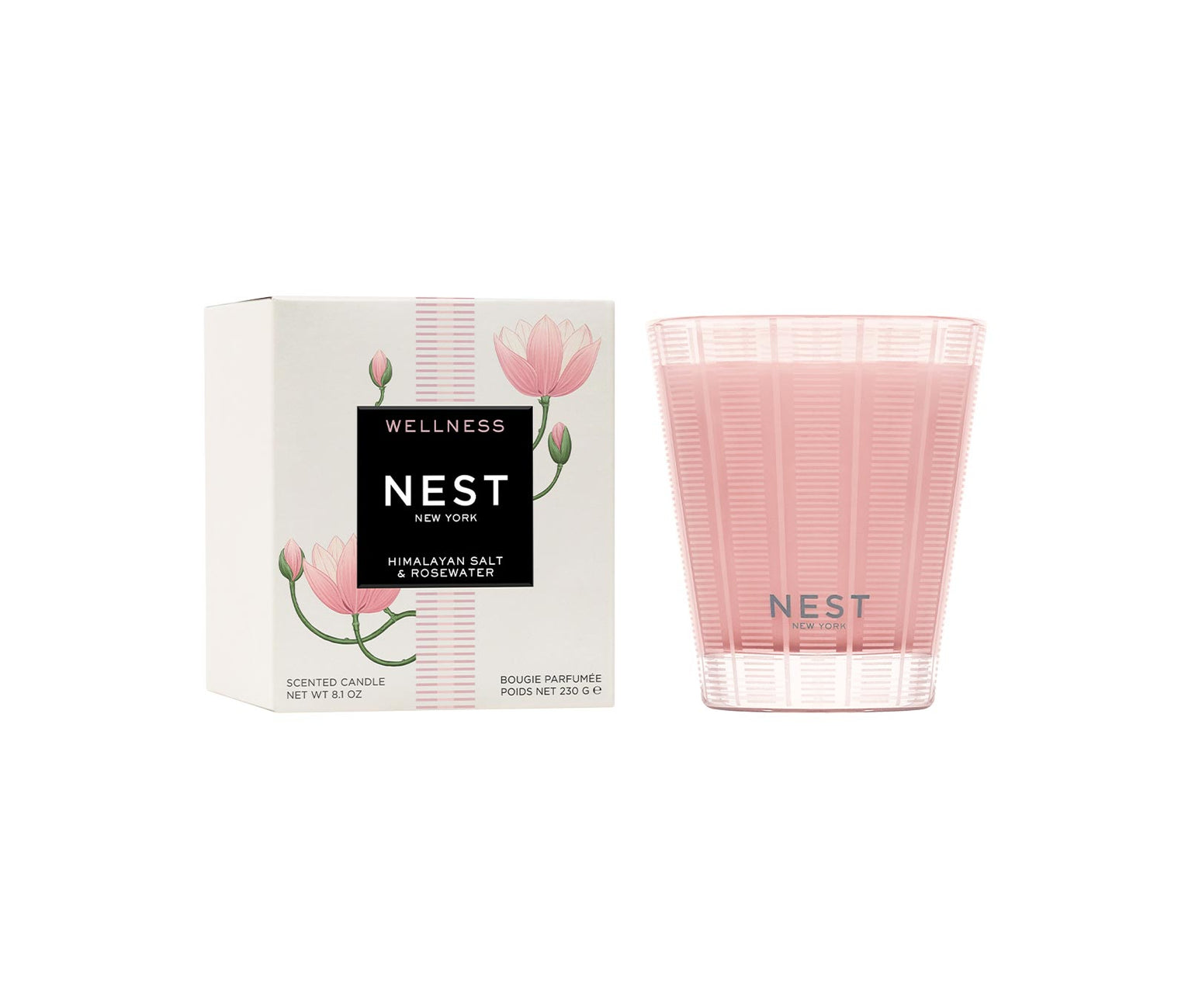 A pink Nest Himalayan Salt & Rosewater Candle from the Candle Collection sits by its floral box, exuding soothing rosewater and amber notes in an elegant presentation.