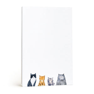 Notepad - Cat and Dog Editions vertical list-making notepad featuring a watercolor illustration of four cats standing in a row at the bottom edge.