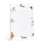 E. Frances Paper Notepad - Cat and Dog Editions featuring watercolor illustrations of various dogs playing along the margins of a lined notepad.