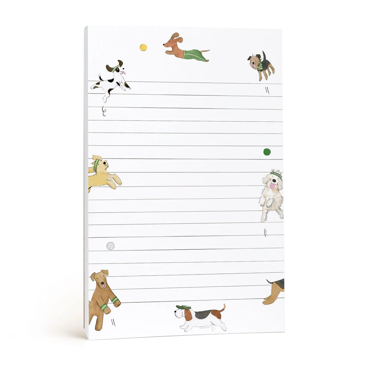 E. Frances Paper Notepad - Cat and Dog Editions featuring watercolor illustrations of various dogs playing along the margins of a lined notepad.