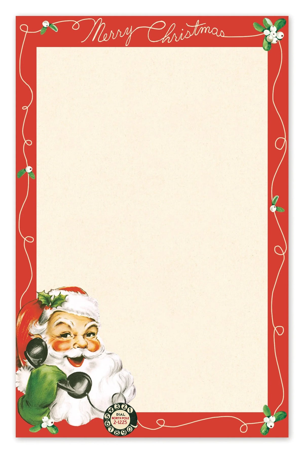 Santa Claus Notepad featuring a red border, Merry Christmas header, and a vintage Cavallini Papers and Co illustration of Santa holding a rotary telephone at the bottom of the tear-away pages.