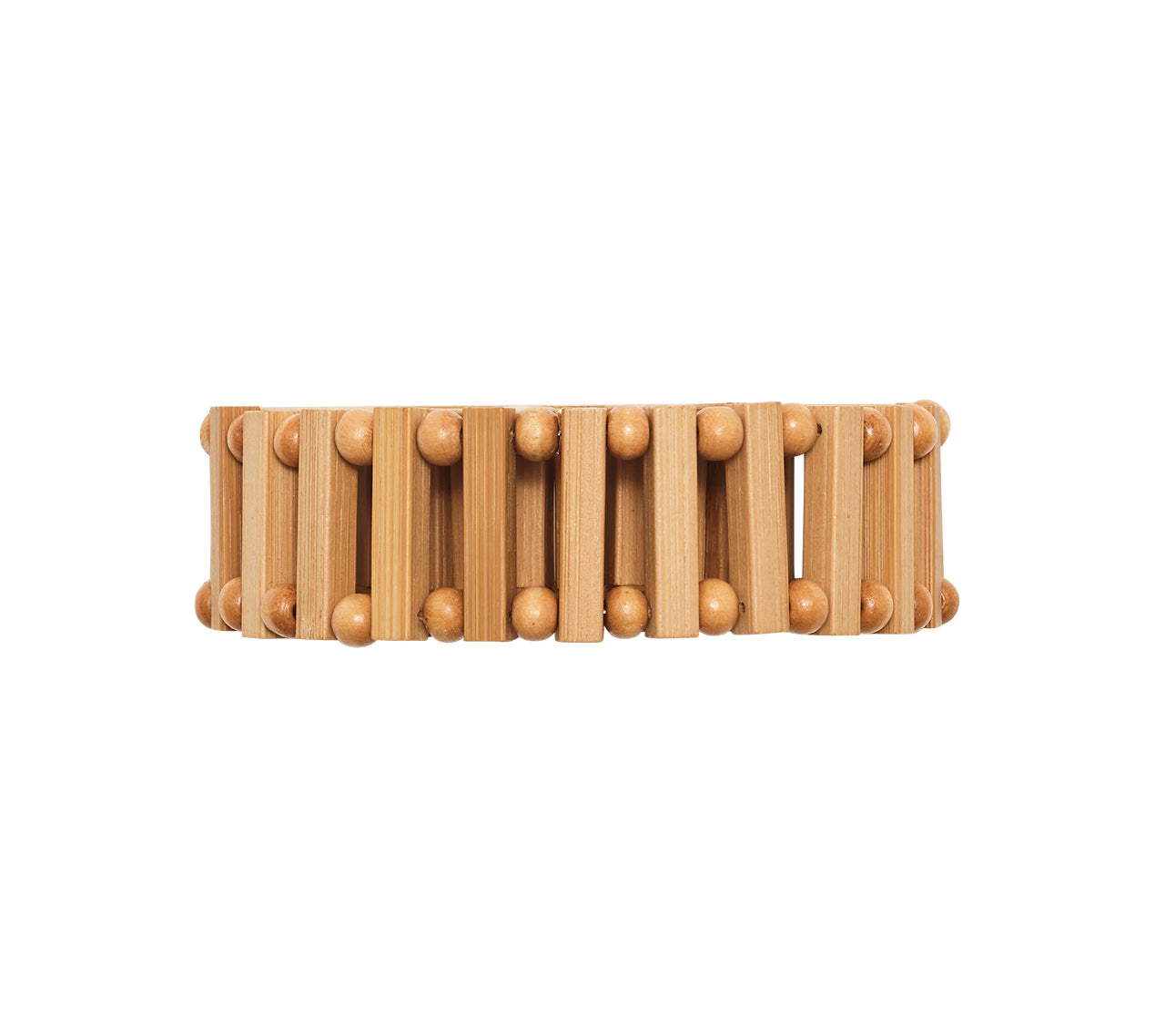 The Kim Seybert Spoke Napkin Ring features cylindrical and spherical bamboo wood elements in alternating horizontal rows, blending elegant design with functional table decor.