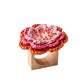 The Kim Seybert Pareo Napkin Ring features a wooden base topped with a raffia-style woven flower in pink and orange shades, accented with white and orange at the center.