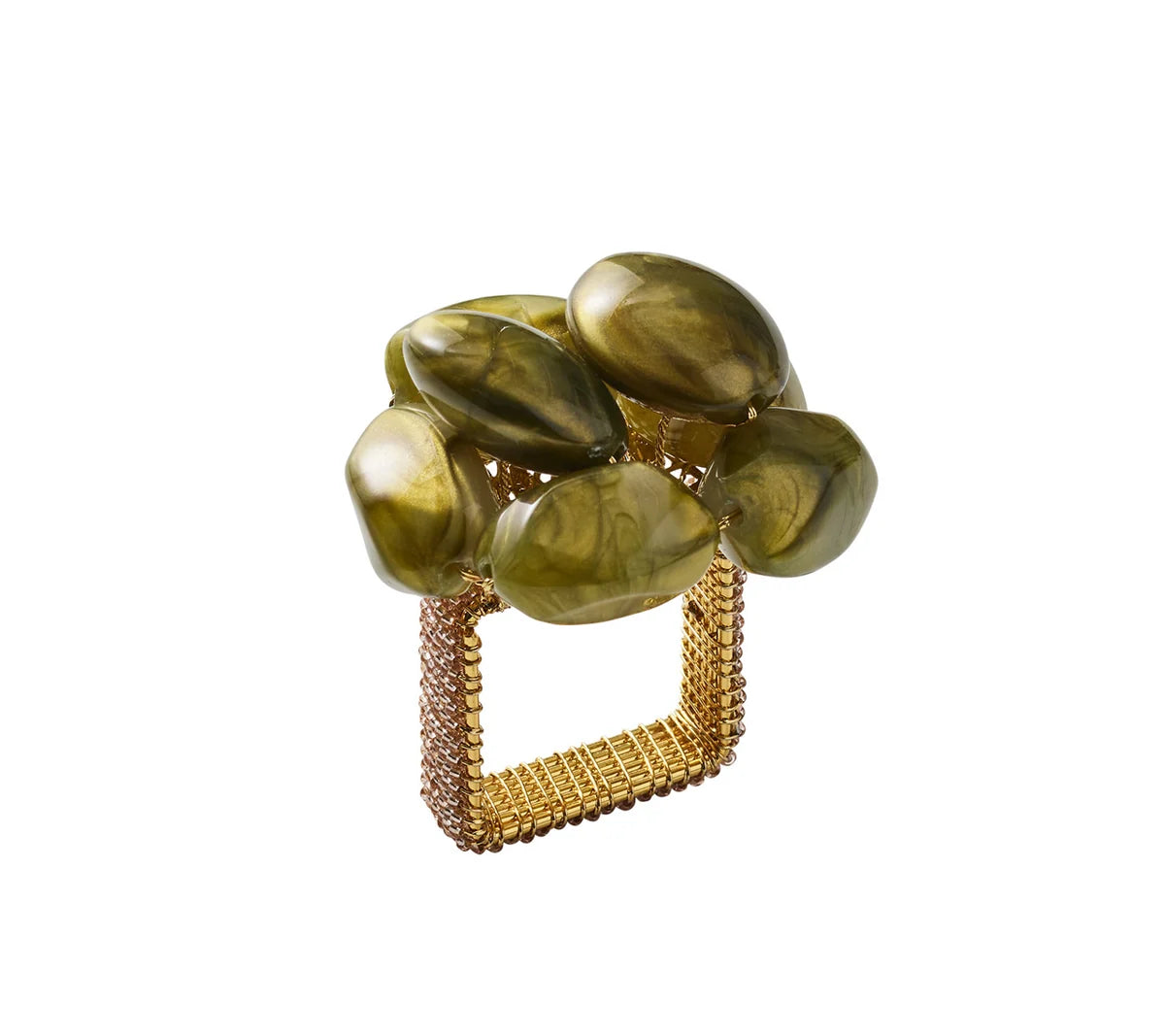 Elevate your white linen napkins with the Kim Seybert Bonton Napkin Ring, featuring a gold square mesh band adorned with clustered, smooth green stones that evoke the look of marbleized sapphire beads—an elegant finishing touch for any table setting.