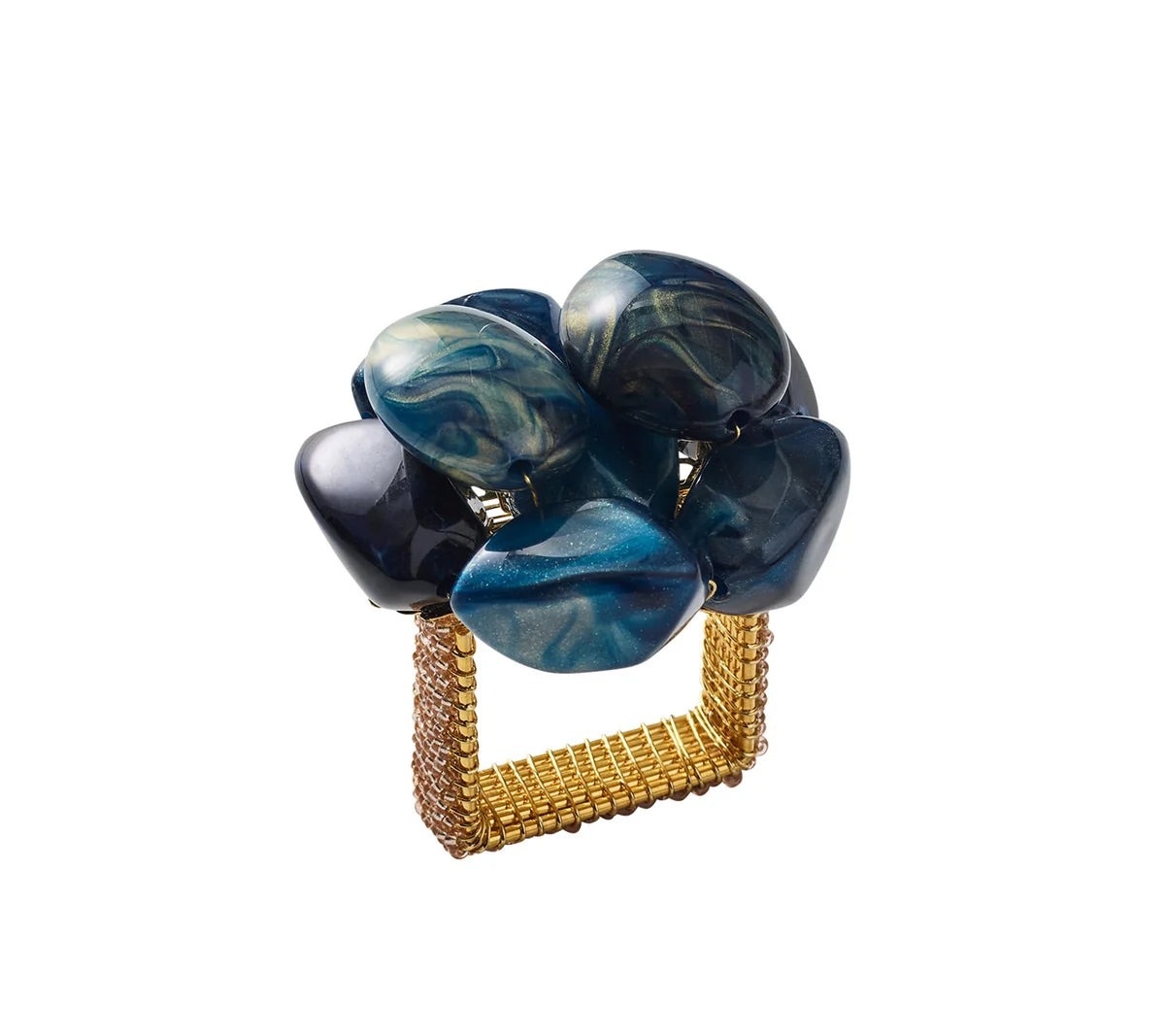 Elevate your white linen napkins with the Kim Seybert Bonton Napkin Ring, featuring a gold mesh design topped with a cluster of large, polished blue and green marbleized sapphire beads—an eye-catching accent for any table setting.