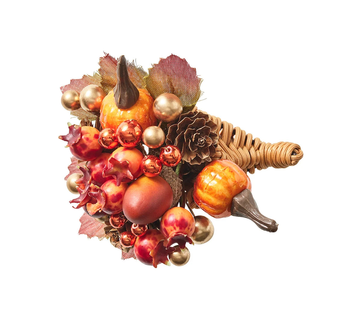 A Kim Seybert Cornucopia Napkin Ring woven in the shape of a horn and decorated with faux pumpkins, berries, leaves, and a pinecone.