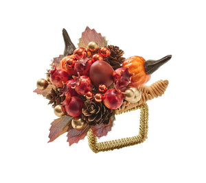Kim Seybert Cornucopia Napkin Ring featuring a woven horn-shaped cornucopia overflowing with small faux pumpkins, pomegranates, pinecones, and metallic berries, perfect for Thanksgiving table decor.