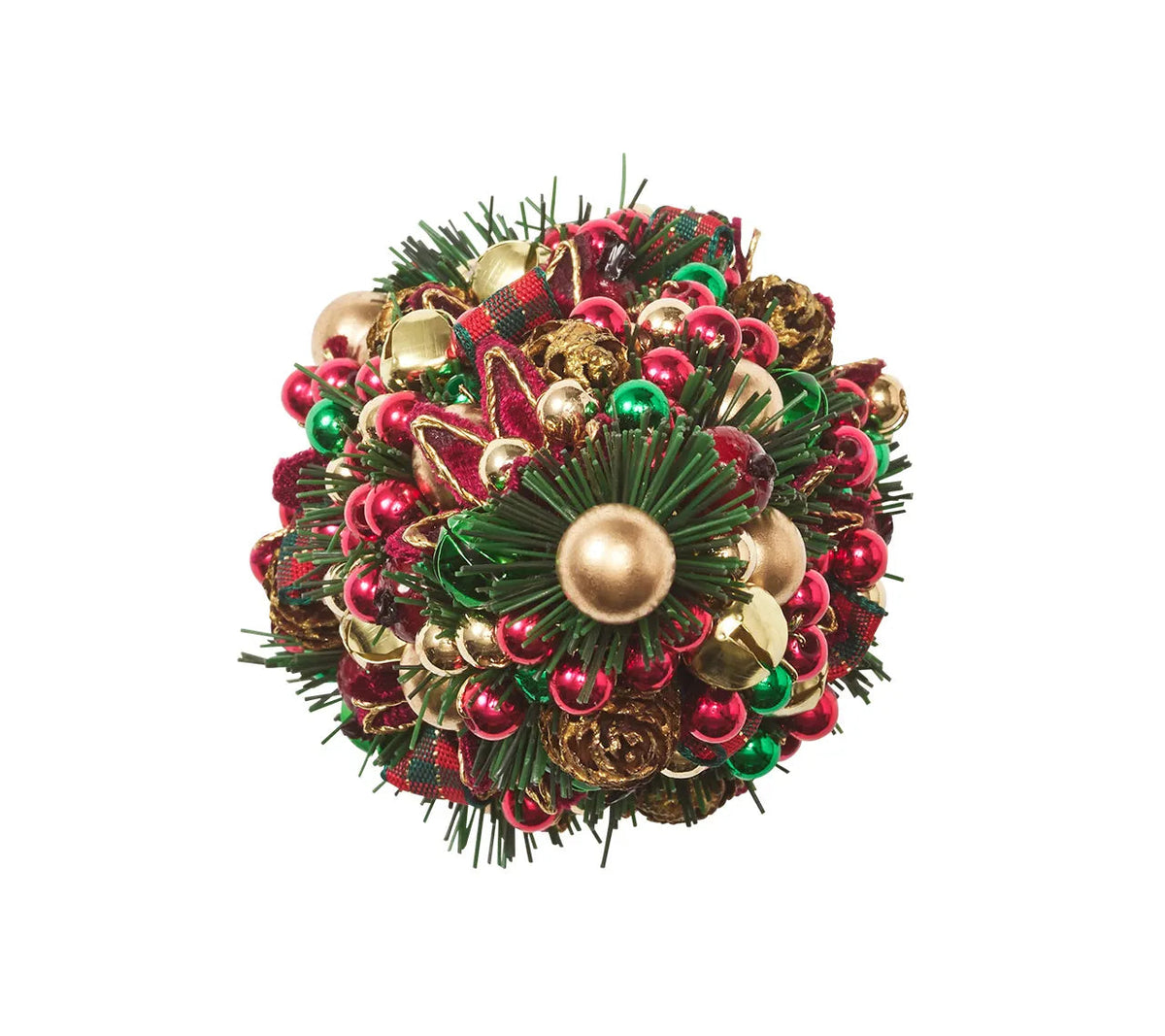 Kim Seybert Tinsel Tree Napkin Ring, a spherical holiday dining accessory decorated with miniature pine needles, plaid ribbon, and red, green, and gold ornaments.