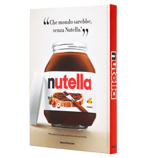 Assouline’s “Nutella” book showcases a Nutella jar cover with the phrase “Che mondo sarebbe, senza Nutella.” and a white lid—a charming tribute to the beloved spread.