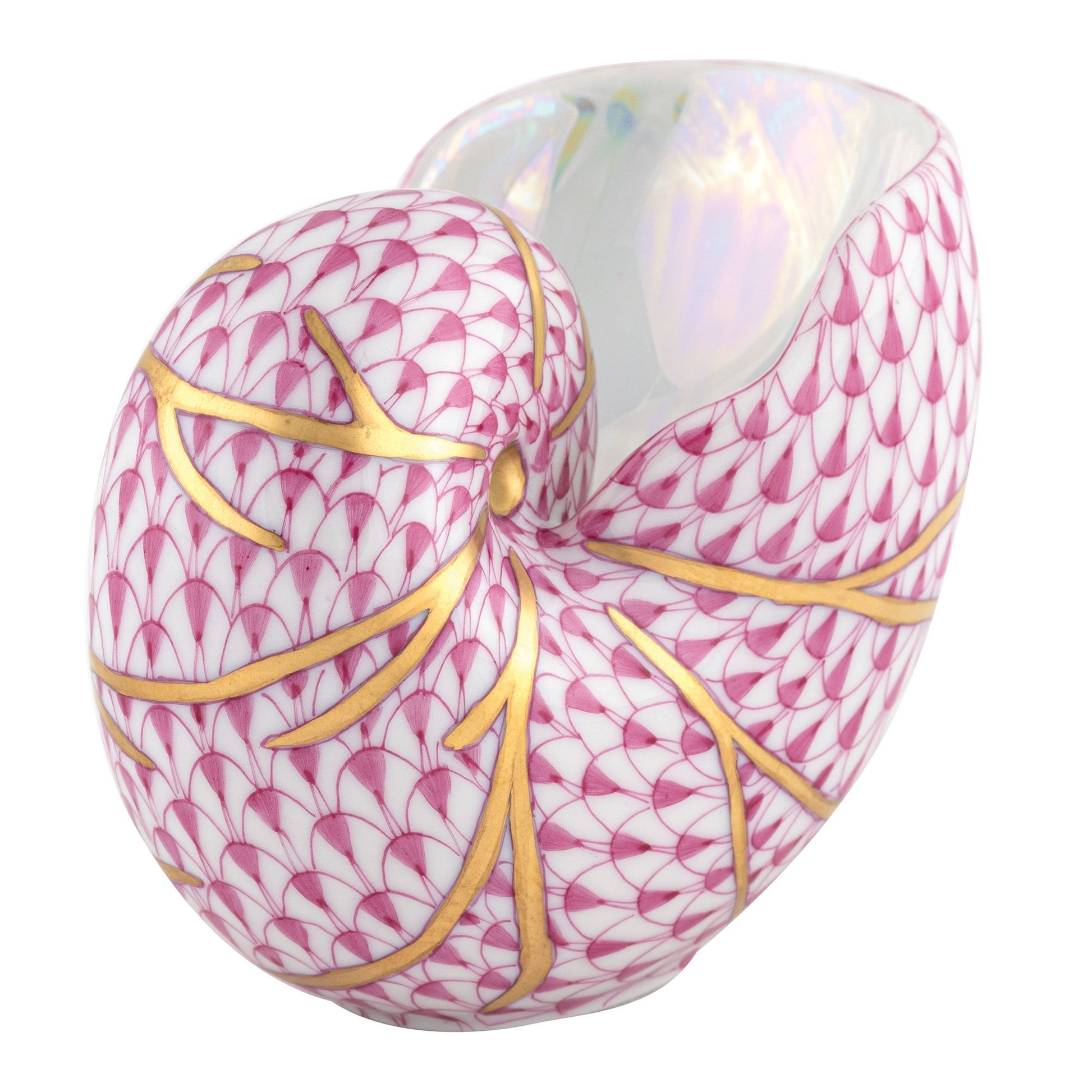 The Herend Small Nautilus Shell is a porcelain vessel with hand-painted pink fish scale designs and gold accents on white—an artistic piece perfect for display.