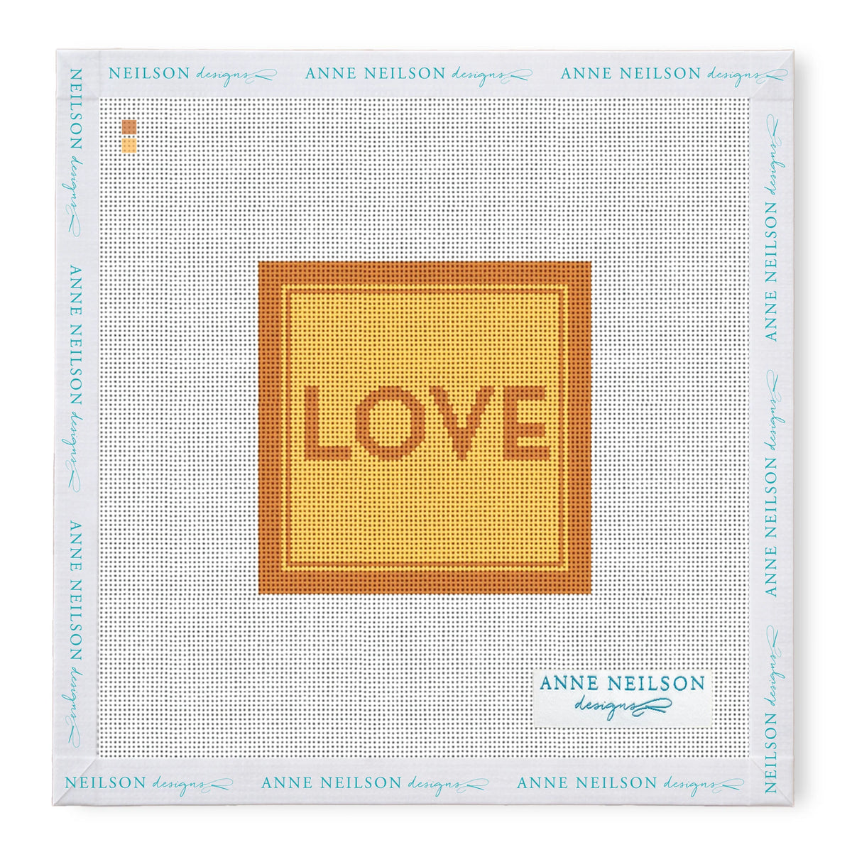 Stitch-printed canvas from Anne Neilson Needlepoint Kits with “LOVE” in orange on yellow, brown-orange border—great for beginners.