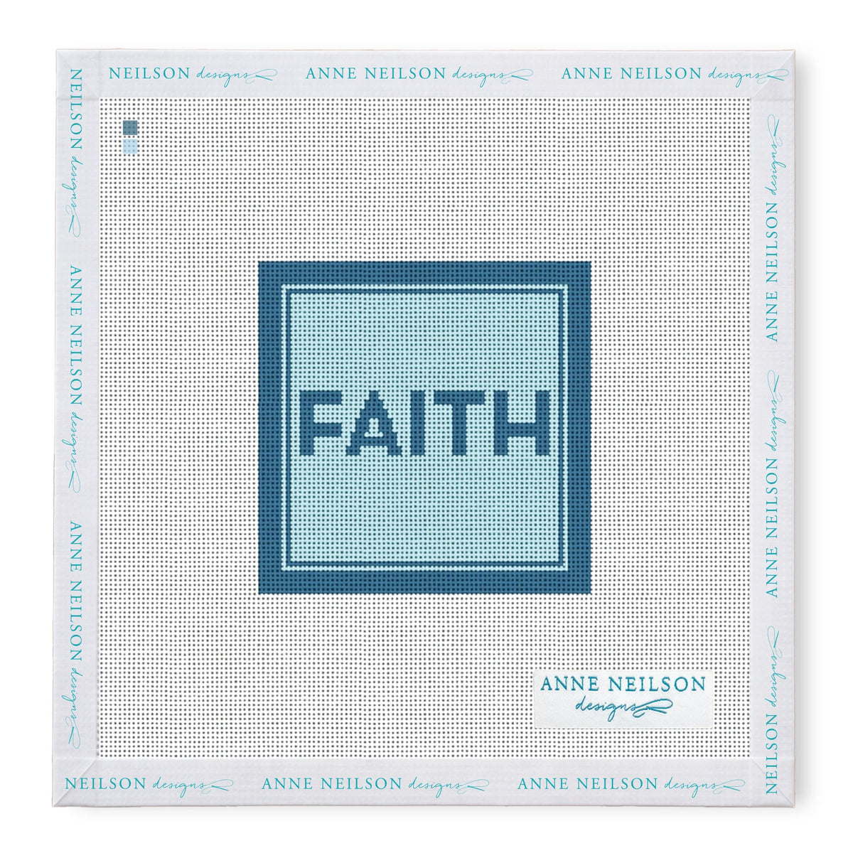 Square stitch-printed Needlepoint Kits by Anne Neilson feature “FAITH” in blue, a double border, and Anne Neilson’s signature with the Home logo on the bottom right.