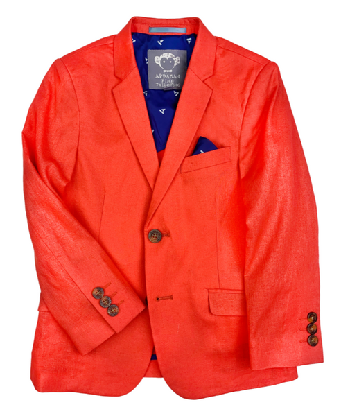 Bright summer-appropriate Appaman Sports Jacket in orange with blue lining, displayed open with visible buttons and a pocket square on a white background.