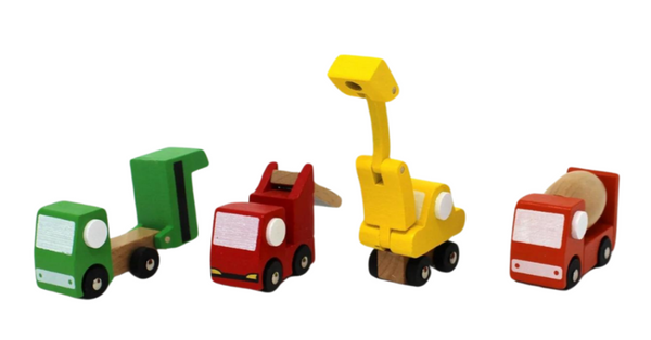 Four Jack Rabbit Creations Mini Mover Construction Trucks on a white background, including a green and white car, a red and white car, a yellow construction crane with moving parts, and a red and white truck.