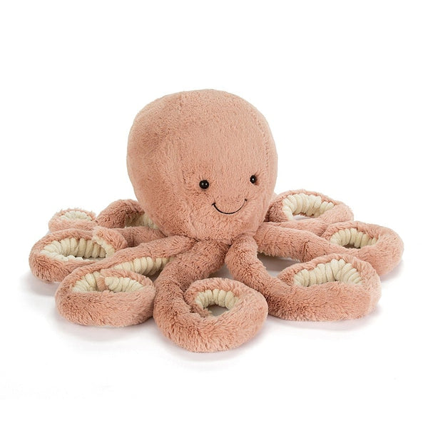 Odell Octopus, a pink octopus stuffed animal on a white background from Jellycat designs.