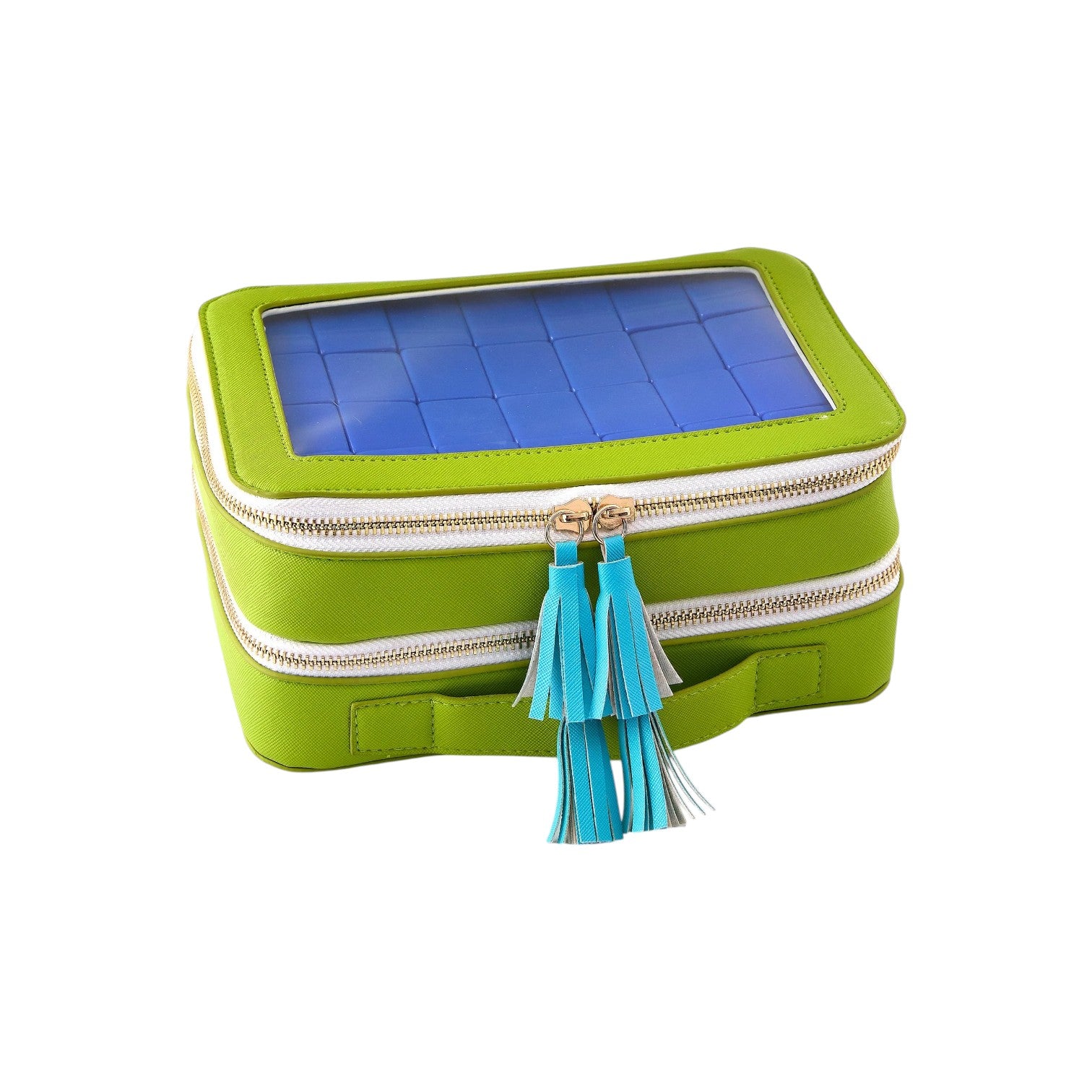 The Oh My Rummi Set by Oh My Mahjong features a green rectangular zippered case with blue accents, tassels, and a transparent top displaying a blue grid pattern—perfect for storing rummi tiles.