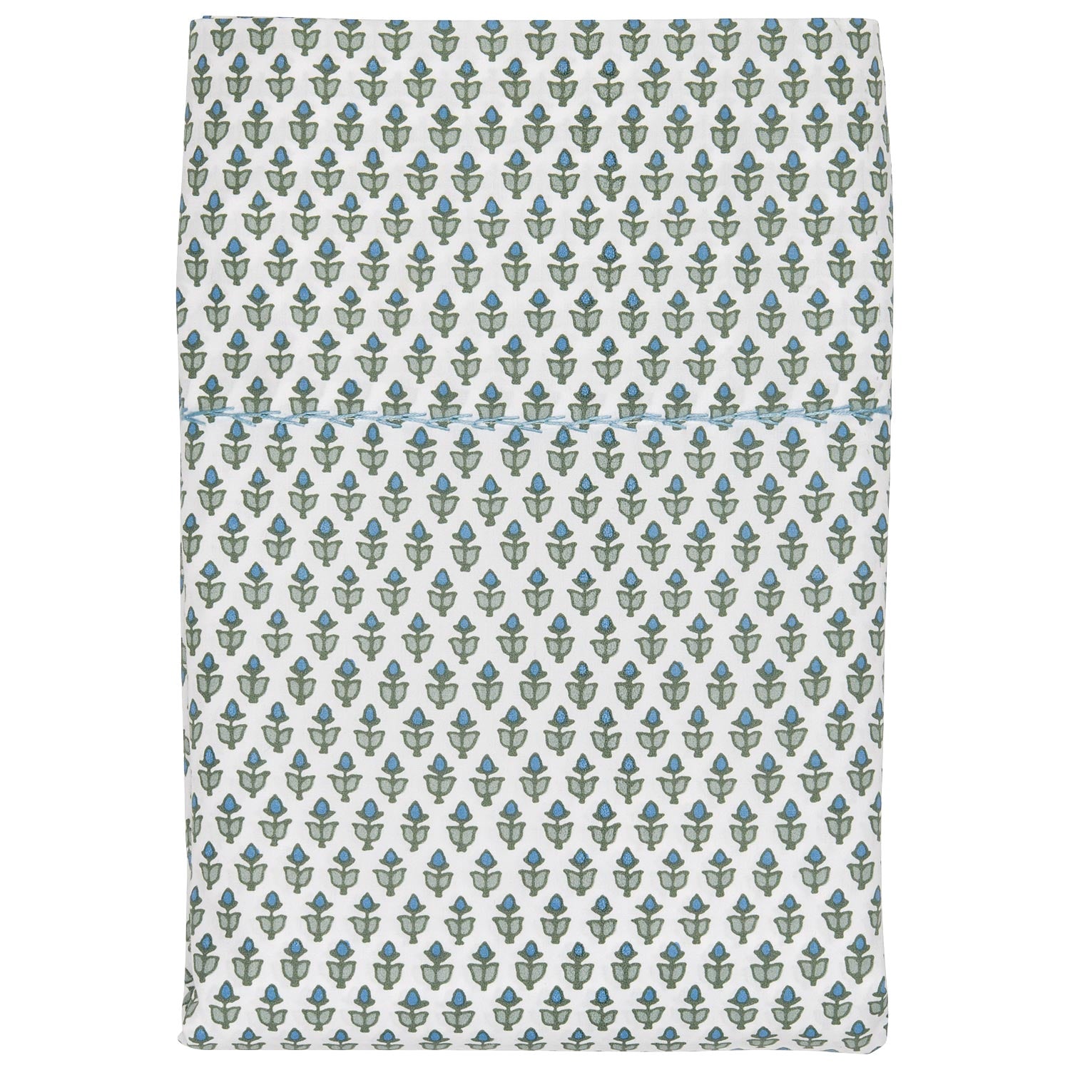 The Cala Sage Bedding Collection by John Robshaw features folded organic cotton fabric with a soft 400 thread count and a repeating pattern of small green and blue plant motifs on a white background.