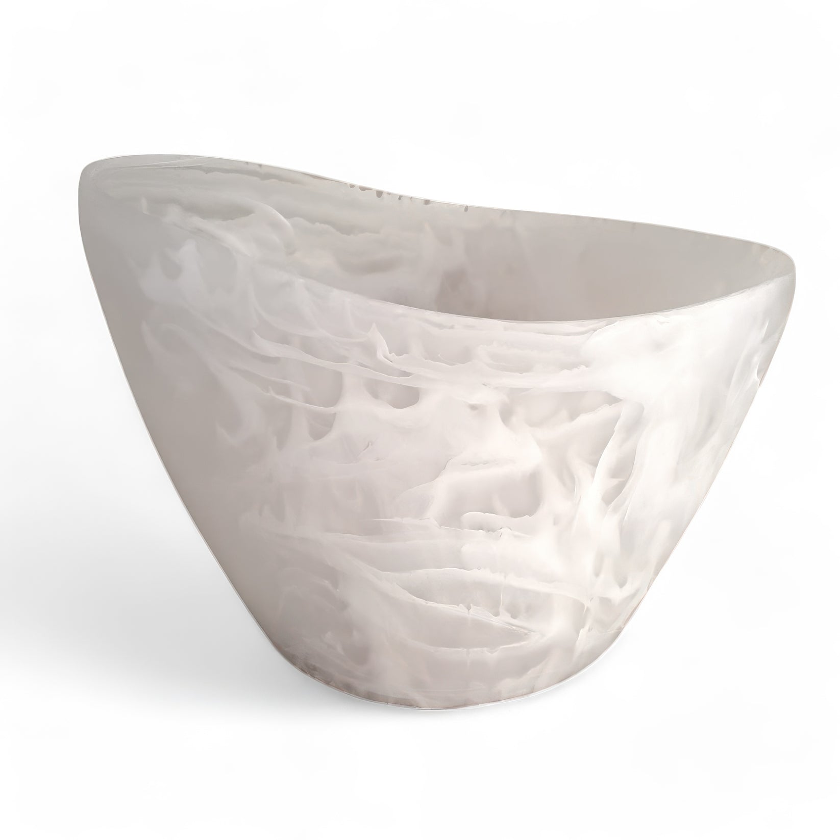 The Nashi Home White Swirl Resin Serveware Collection features a white, translucent bowl with an asymmetrical rim and marbled swirls—a unique piece for serving or as a striking home decor accent.