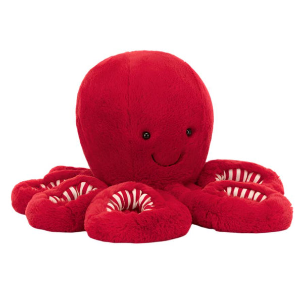 The Jellycat Cranberry Octopus, Large is a plush red toy from Jellycat that features a smiling face and delightful candy-cane striped tentacles, perfect for the holidays.