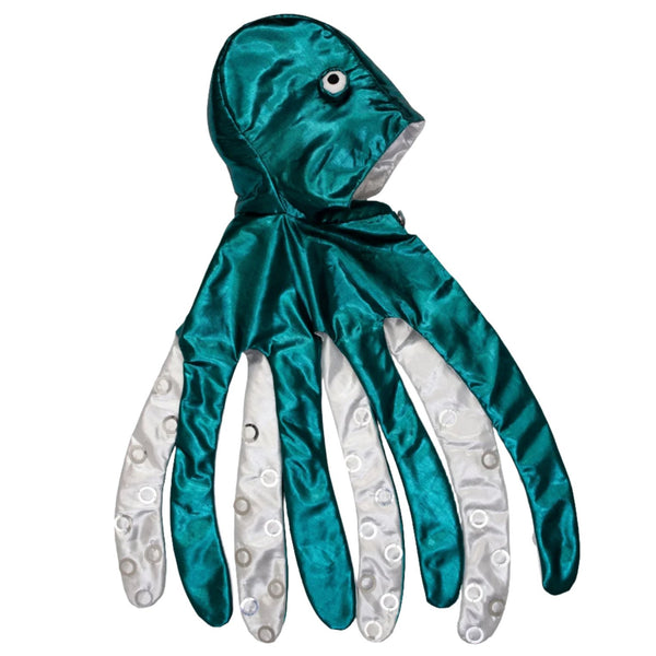 The Meri Meri Octopus Costume by Meri Meri is a kids ocean outfit featuring a teal octopus design, complete with six arms lined with white suction cups made from shiny lame fabric.